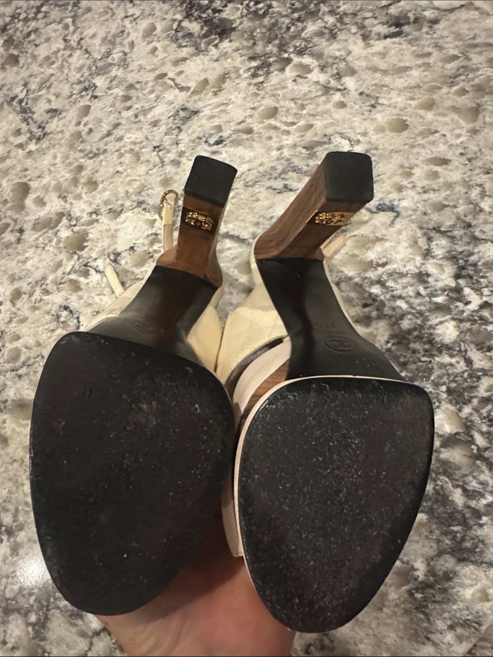 CHANEL Cream Platform Wood Block Slingback Heels CC LOGO - Picture 12 of 15